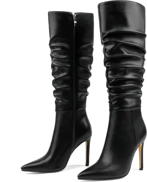 COLETER Women's Knee High Boots Pointed Toe Stiletto Buckle Dress Boots Slouch Zipper Heeled Boots