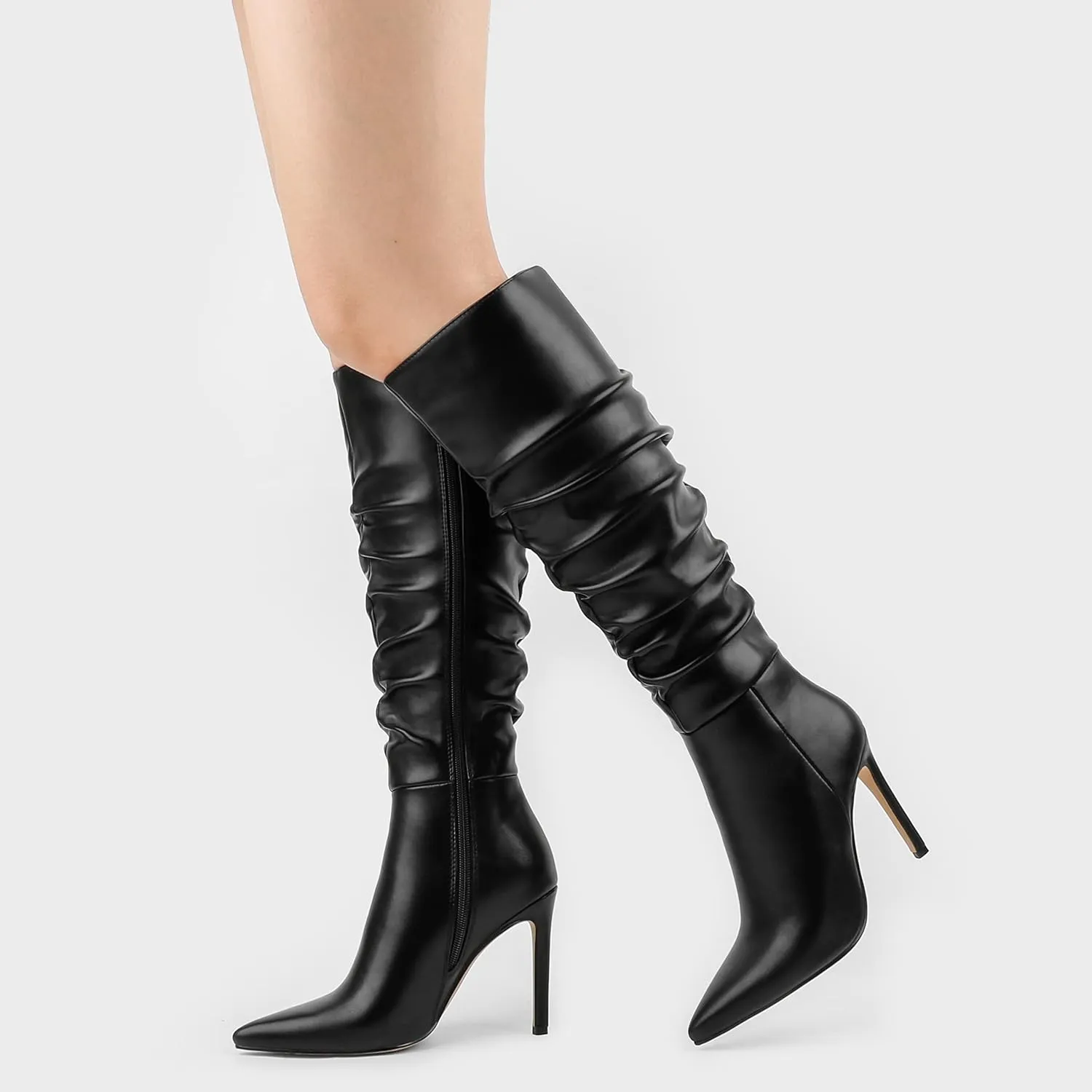 COLETER Women's Knee High Boots Pointed Toe Stiletto Buckle Dress Boots Slouch Zipper Heeled Boots