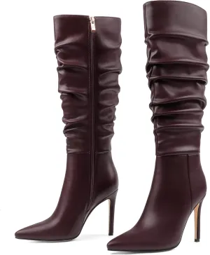 COLETER Women's Knee High Boots Pointed Toe Stiletto Buckle Dress Boots Slouch Zipper Heeled Boots