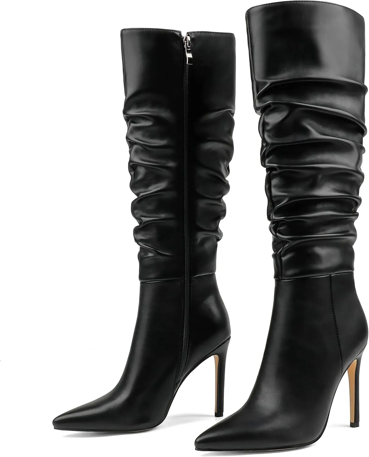 COLETER Women's Knee High Boots Pointed Toe Stiletto Buckle Dress Boots Slouch Zipper Heeled Boots