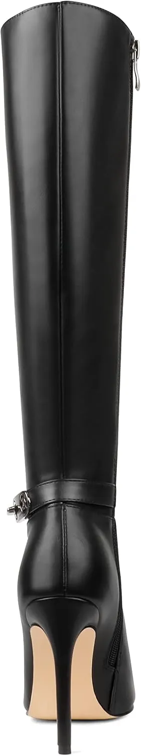 COLETER Women's Knee High Boots Pointed Toe Stiletto Buckle Dress Boots Slouch Zipper Heeled Boots