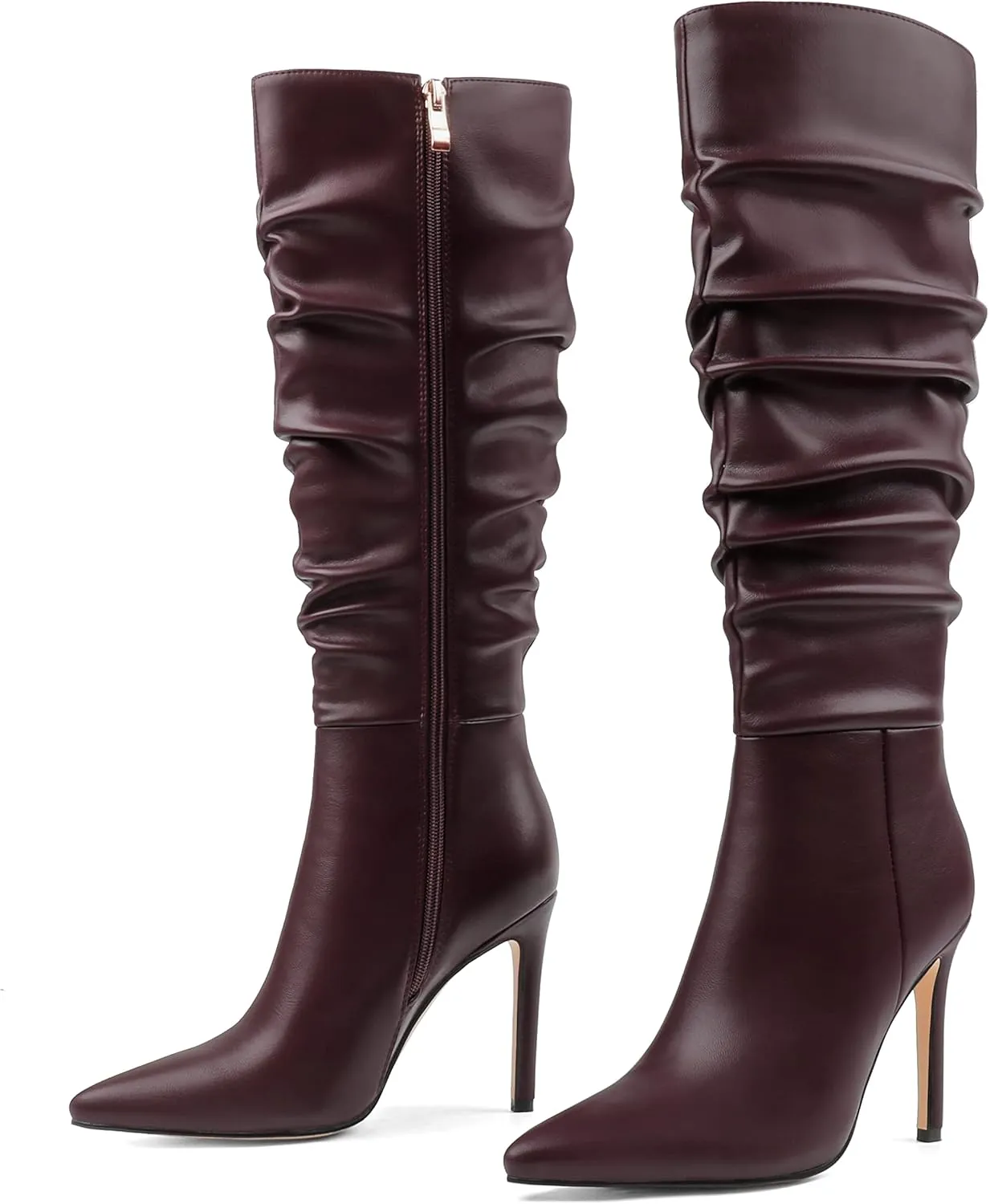 COLETER Women's Knee High Boots Pointed Toe Stiletto Buckle Dress Boots Slouch Zipper Heeled Boots