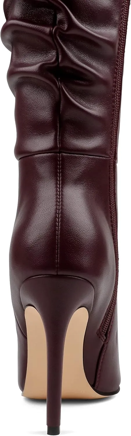 COLETER Women's Knee High Boots Pointed Toe Stiletto Buckle Dress Boots Slouch Zipper Heeled Boots