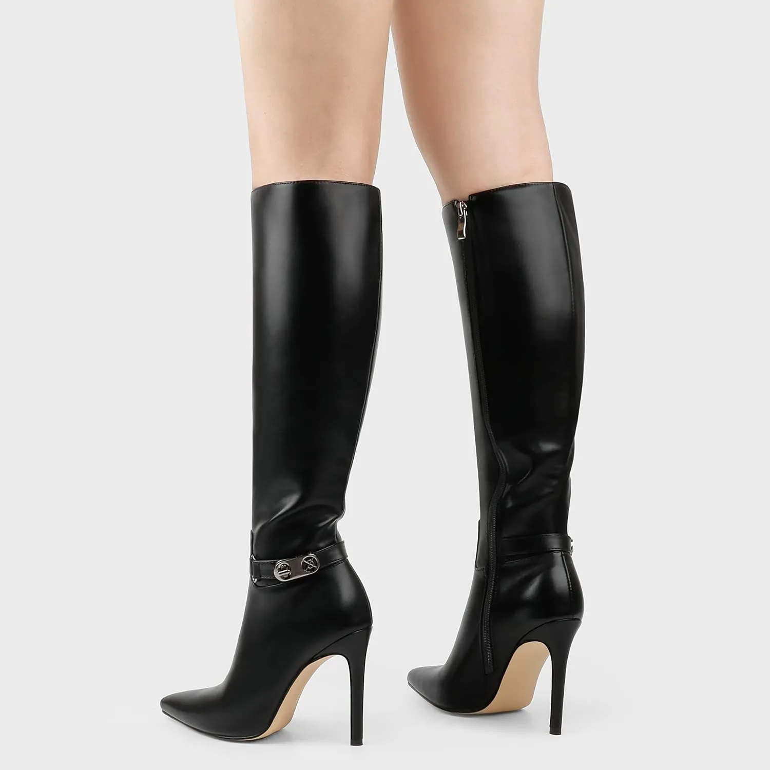 COLETER Women's Knee High Boots Pointed Toe Stiletto Buckle Dress Boots Slouch Zipper Heeled Boots