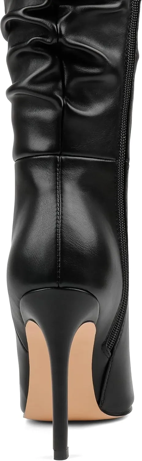 COLETER Women's Knee High Boots Pointed Toe Stiletto Buckle Dress Boots Slouch Zipper Heeled Boots