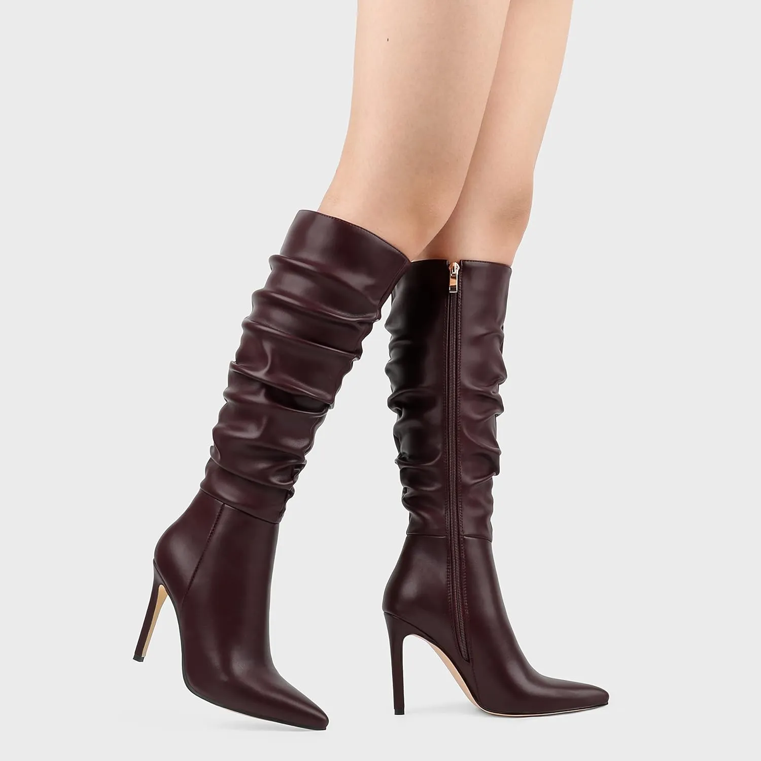 COLETER Women's Knee High Boots Pointed Toe Stiletto Buckle Dress Boots Slouch Zipper Heeled Boots