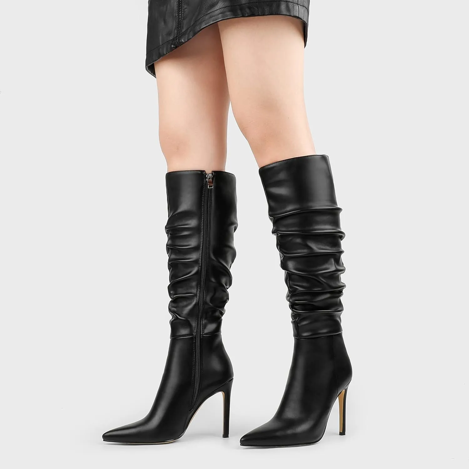 COLETER Women's Knee High Boots Pointed Toe Stiletto Buckle Dress Boots Slouch Zipper Heeled Boots