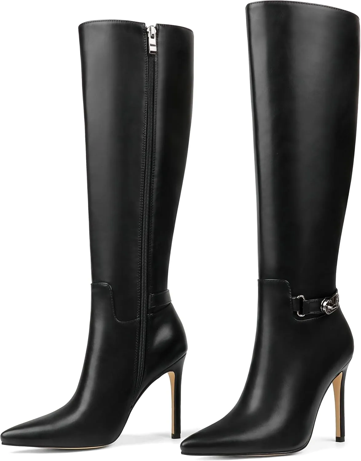 COLETER Women's Knee High Boots Pointed Toe Stiletto Buckle Dress Boots Slouch Zipper Heeled Boots