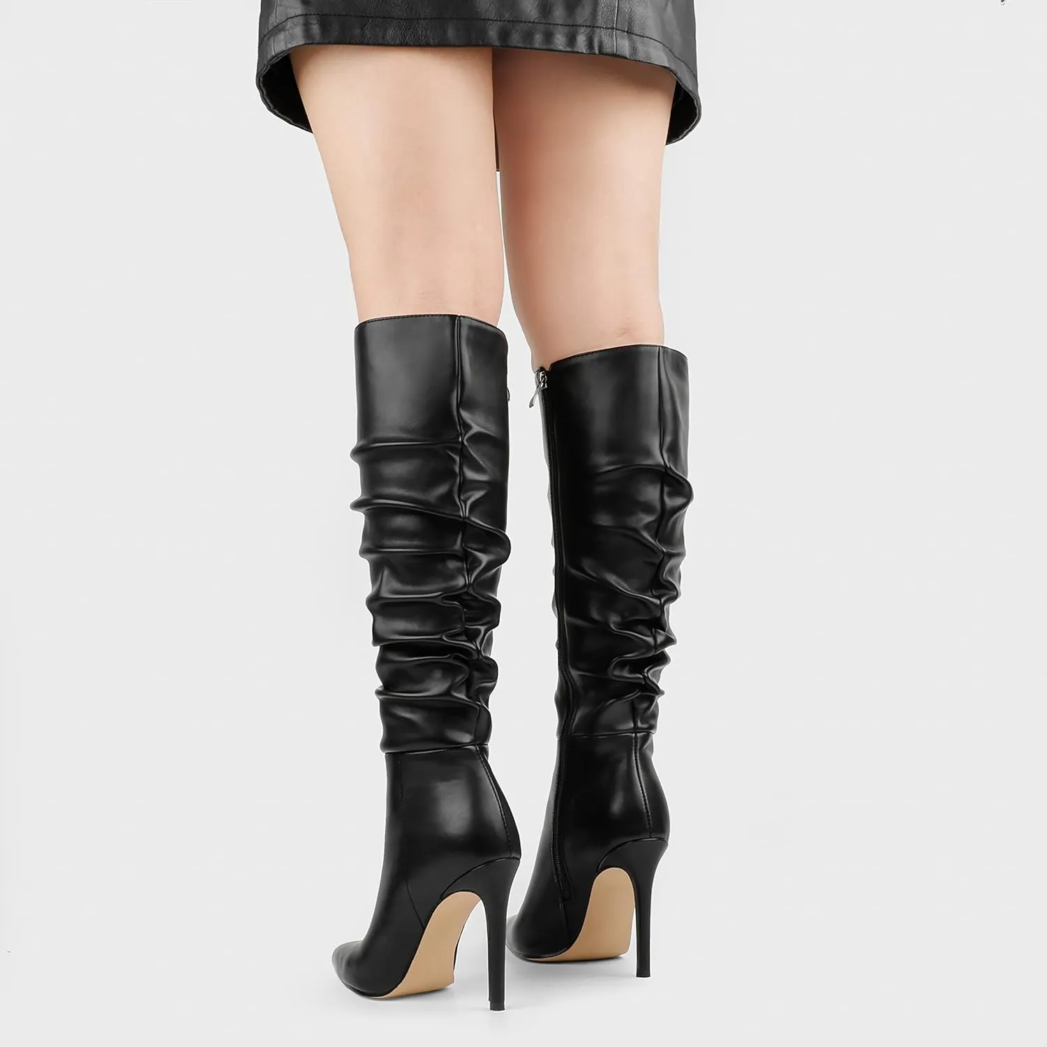 COLETER Women's Knee High Boots Pointed Toe Stiletto Buckle Dress Boots Slouch Zipper Heeled Boots