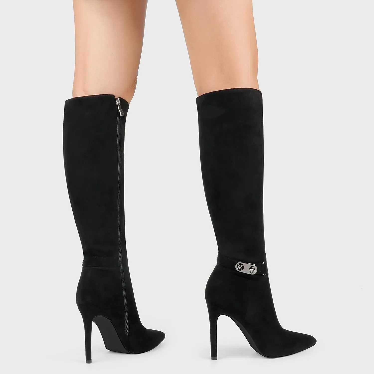 COLETER Women's Knee High Boots Pointed Toe Stiletto Buckle Dress Boots Slouch Zipper Heeled Boots
