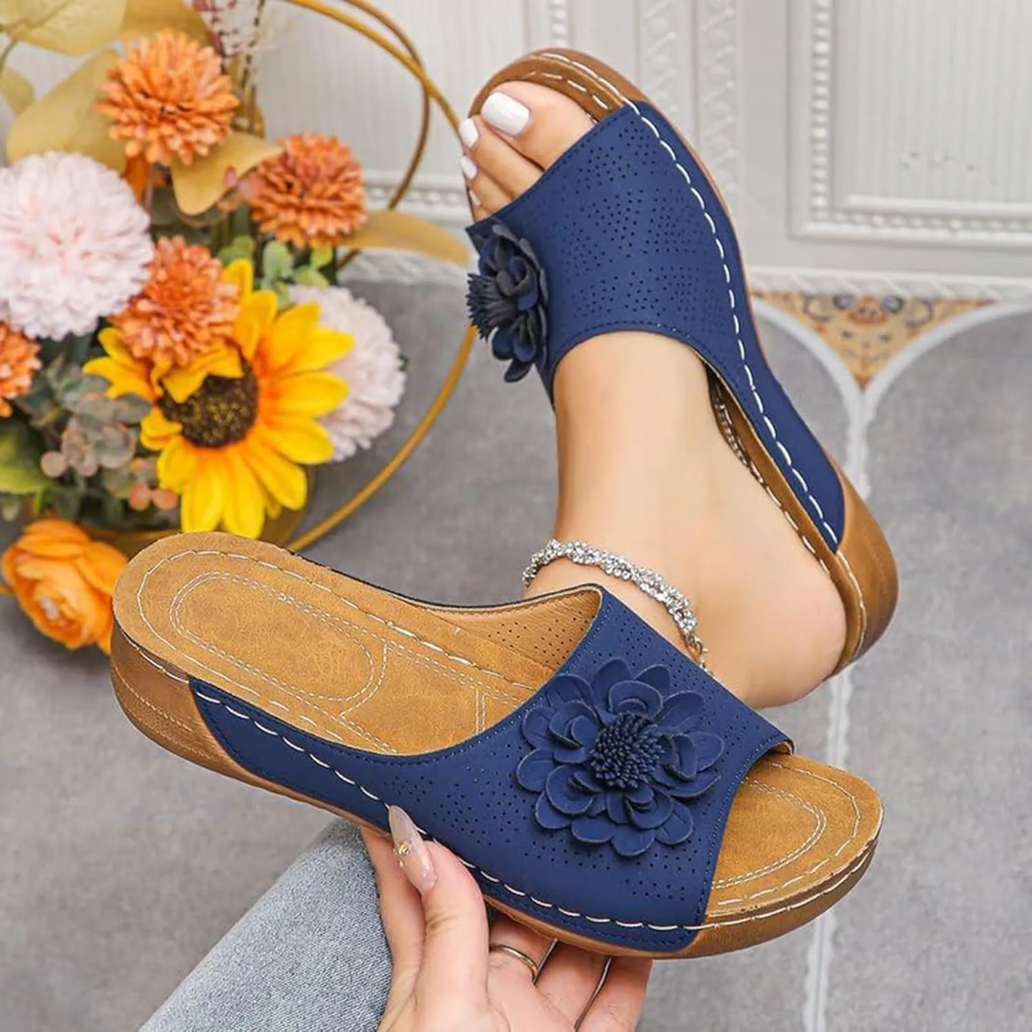 Comfortable Non-slip Solid Color Open-Toe Wedge Sandals, Casual Slip Arch Support Orthopedic Slides