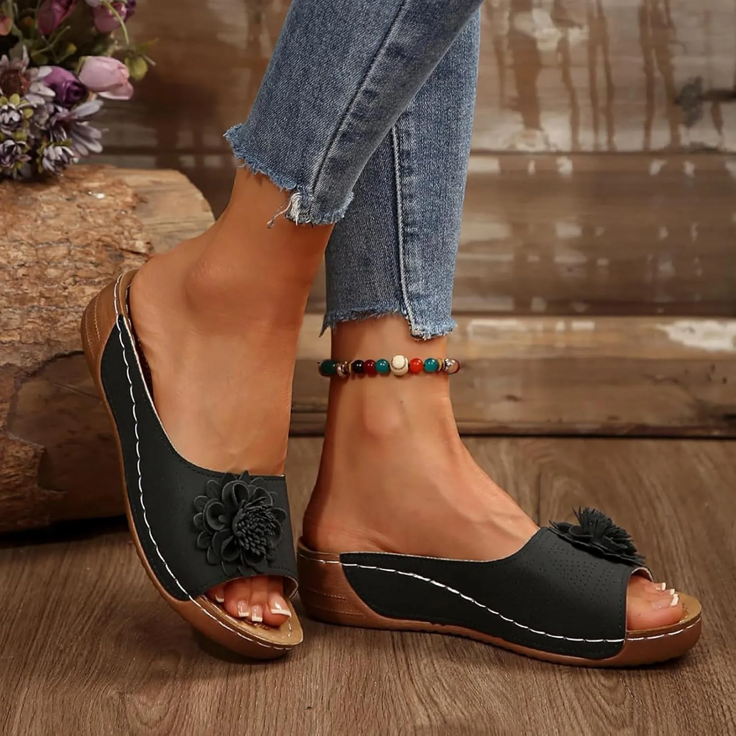 Comfortable Non-slip Solid Color Open-Toe Wedge Sandals, Casual Slip Arch Support Orthopedic Slides