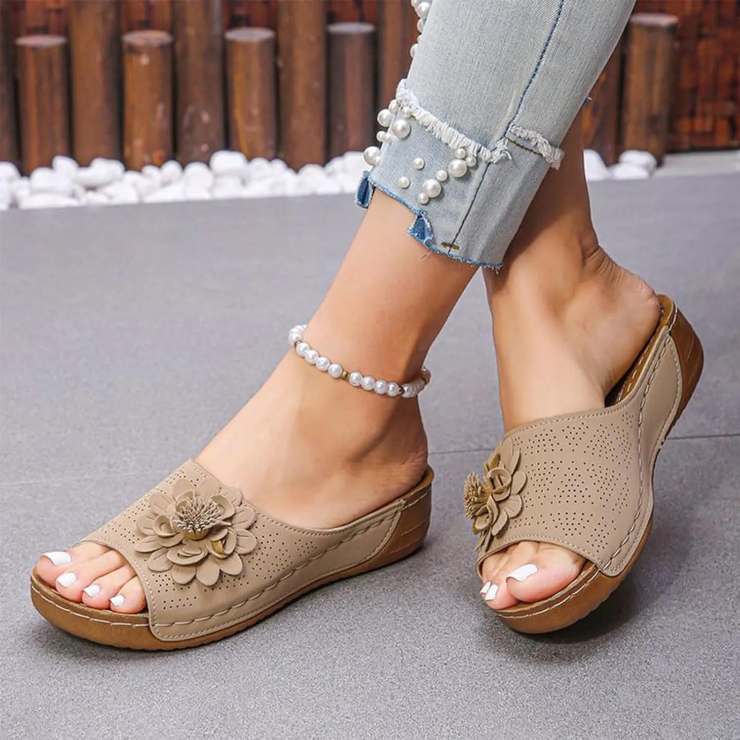 Comfortable Non-slip Solid Color Open-Toe Wedge Sandals, Casual Slip Arch Support Orthopedic Slides