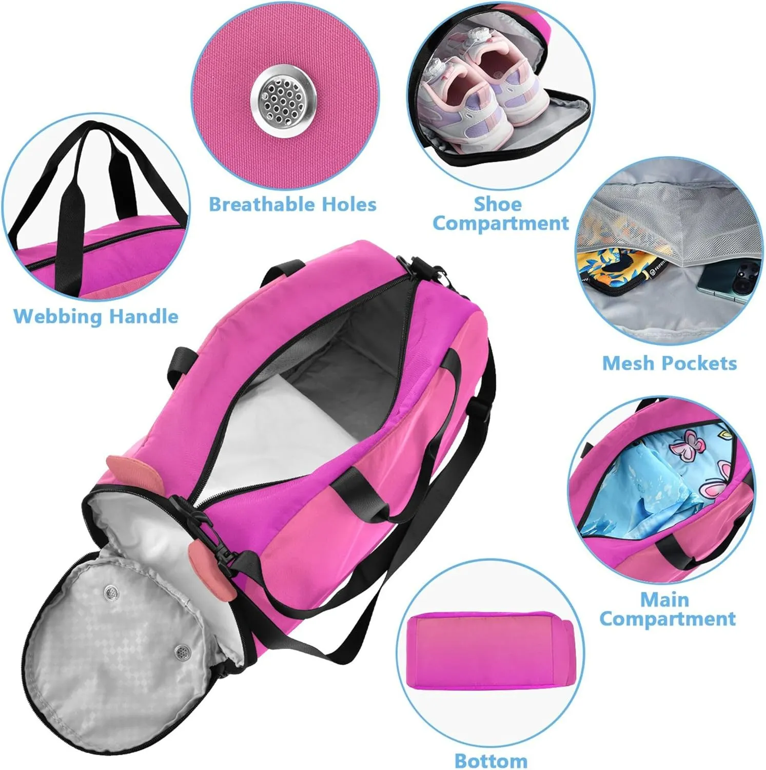 Coral Pink Magenta Gradient Carry on Duffel Bag for Boys Weekend Duffel Overnight Girls Duffle Bags for Travel Shoe Compartment
