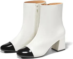 Coutgo Womens Ankle Boots Chunky Block Heel Two Tone Round Toe Side Zipper Dress Fall Booties Shoes