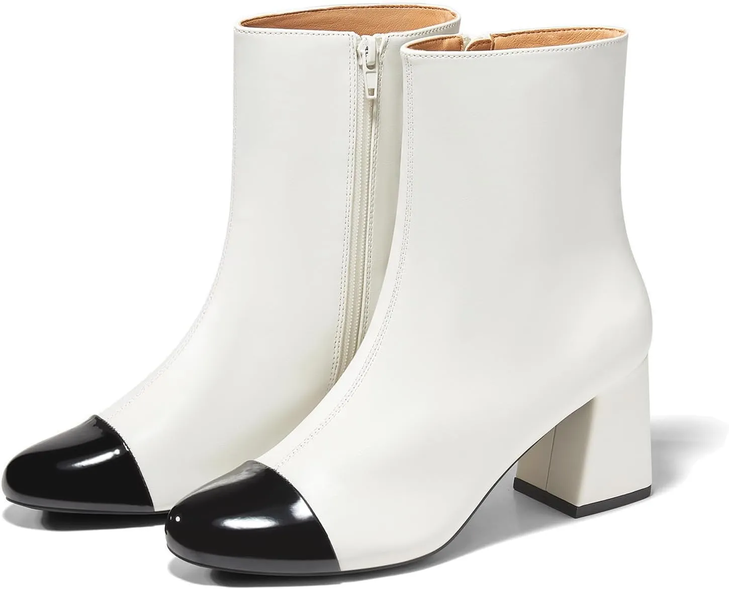 Coutgo Womens Ankle Boots Chunky Block Heel Two Tone Round Toe Side Zipper Dress Fall Booties Shoes