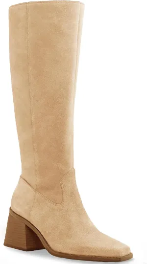 Coutgo Women's Knee High Boots Wide Calf Square Toe Chunky Heeled Pull-on Boot