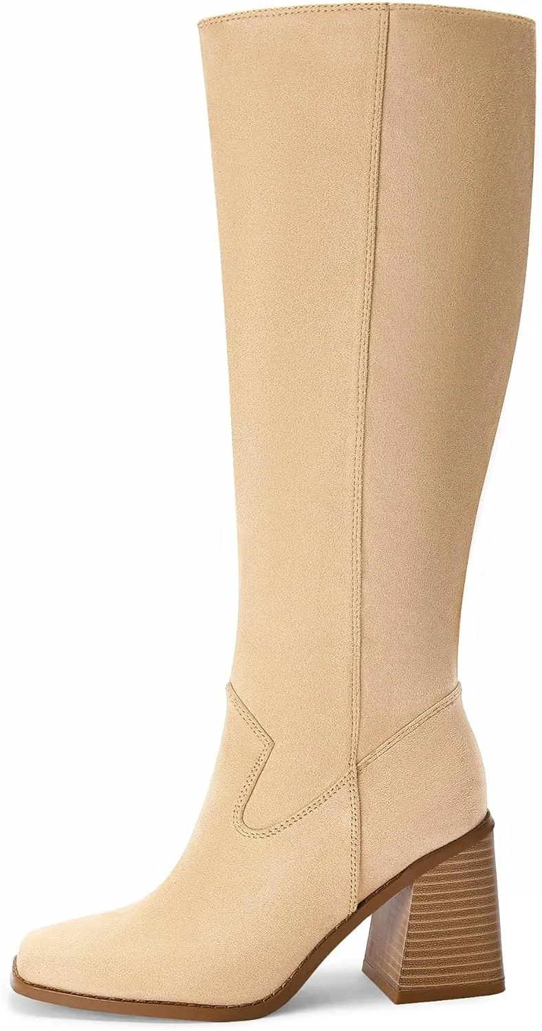 Coutgo Women's Knee High Boots Wide Calf Square Toe Chunky Heeled Pull-on Boot