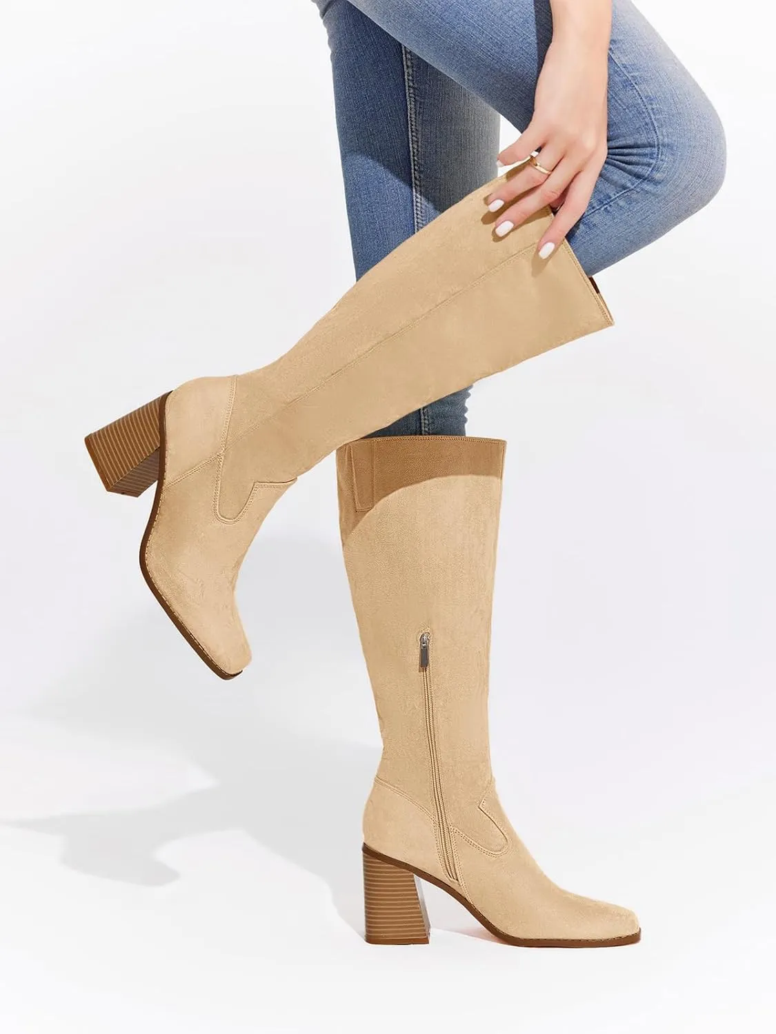 Coutgo Women's Knee High Boots Wide Calf Square Toe Chunky Heeled Pull-on Boot