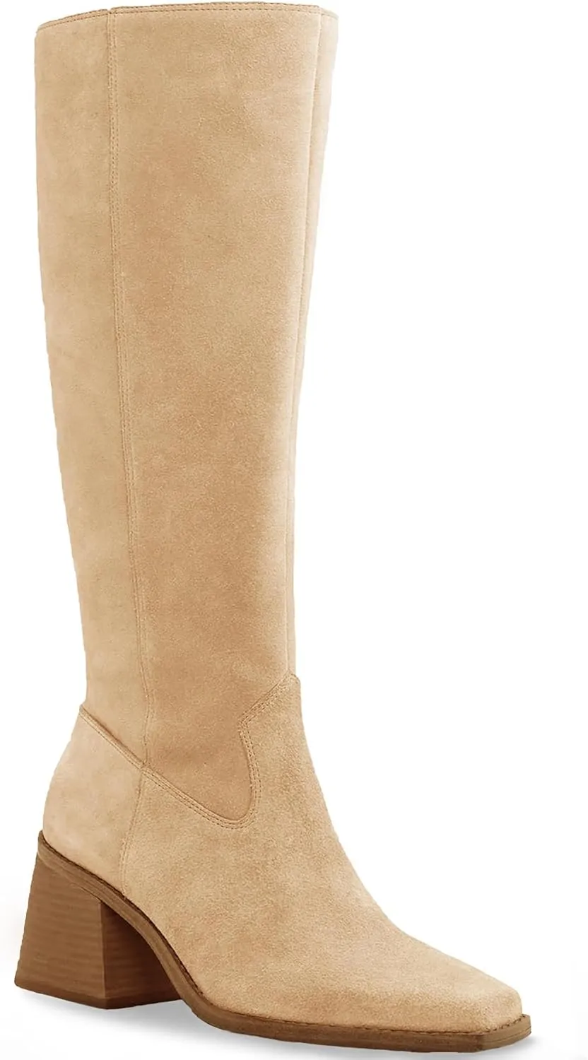 Coutgo Women's Knee High Boots Wide Calf Square Toe Chunky Heeled Pull-on Boot