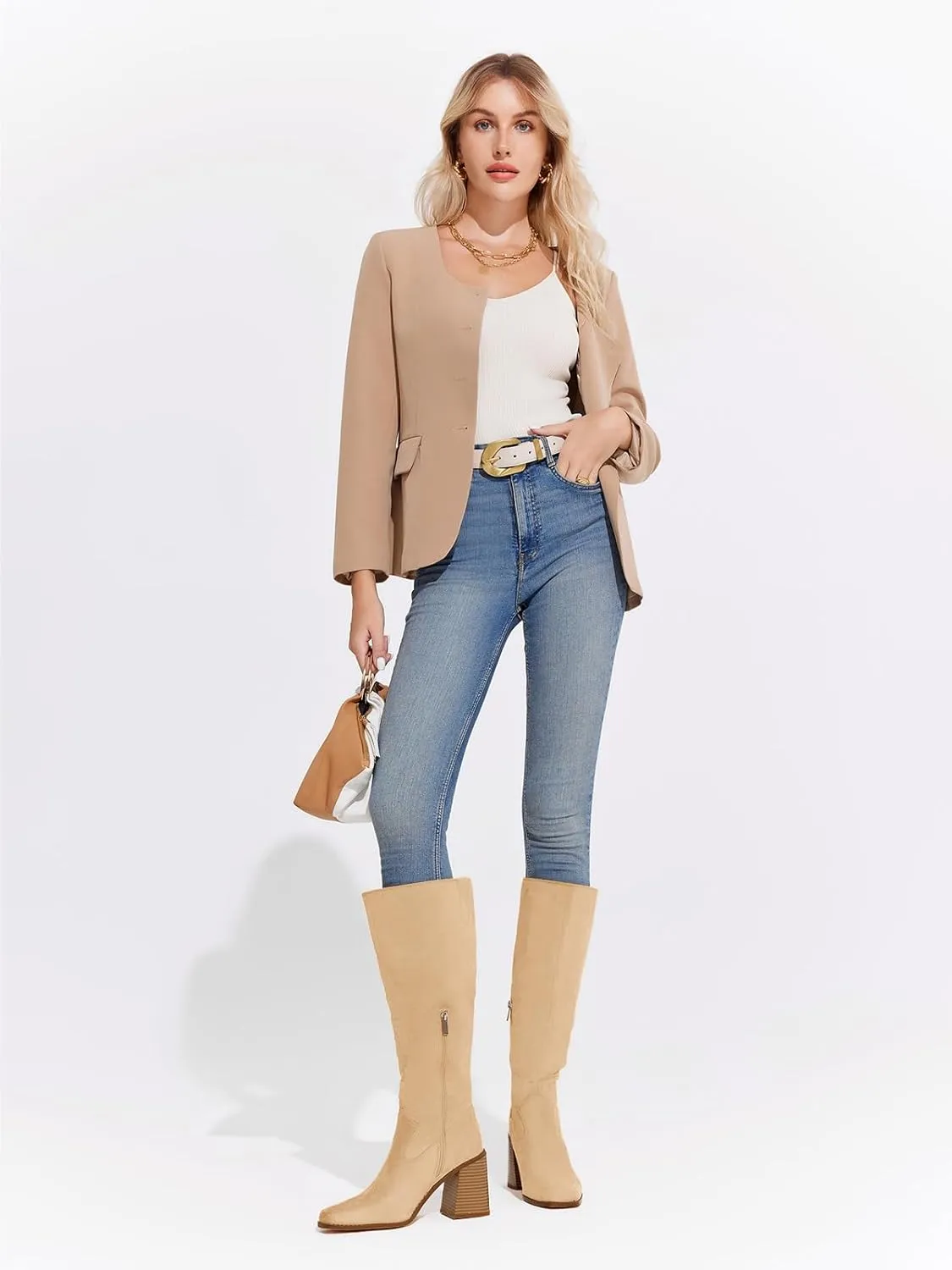 Coutgo Women's Knee High Boots Wide Calf Square Toe Chunky Heeled Pull-on Boot