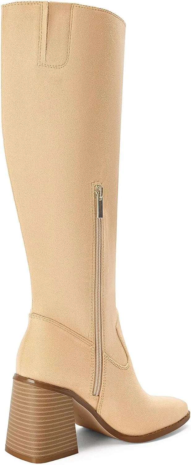 Coutgo Women's Knee High Boots Wide Calf Square Toe Chunky Heeled Pull-on Boot