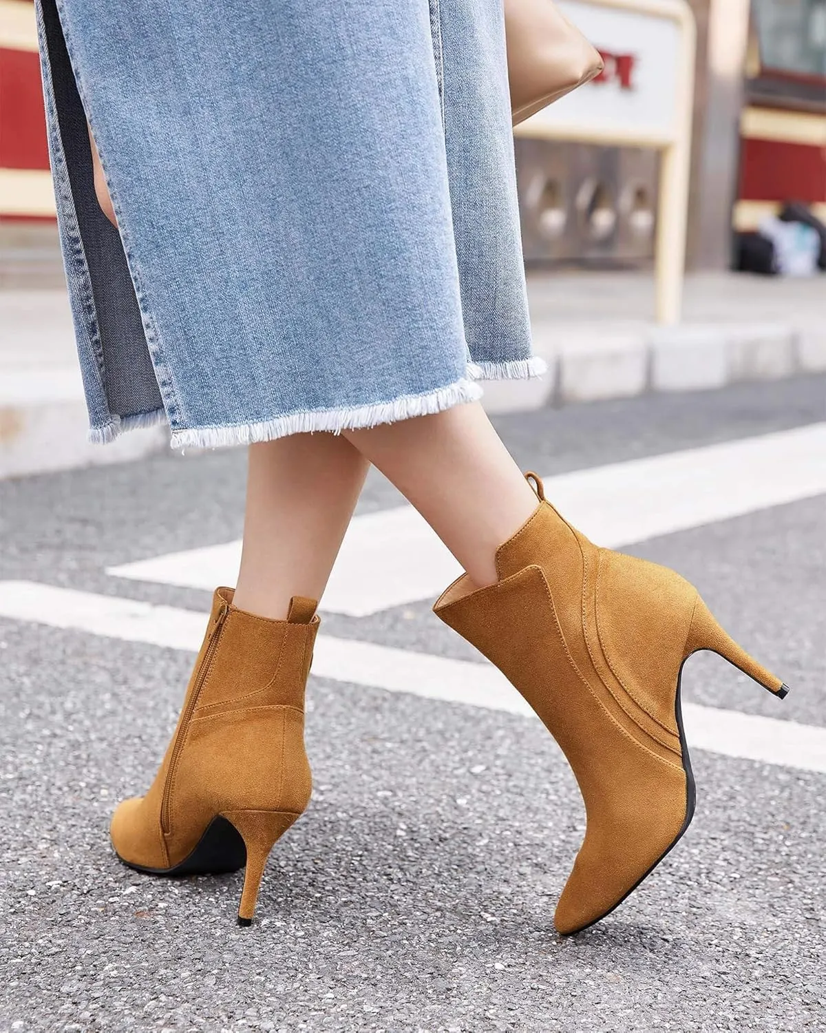 Coutgo Womens Pointed Toe Ankle Booties Stiletto High Heel Suede Fall Winter Boots Shoes with Side Zipper