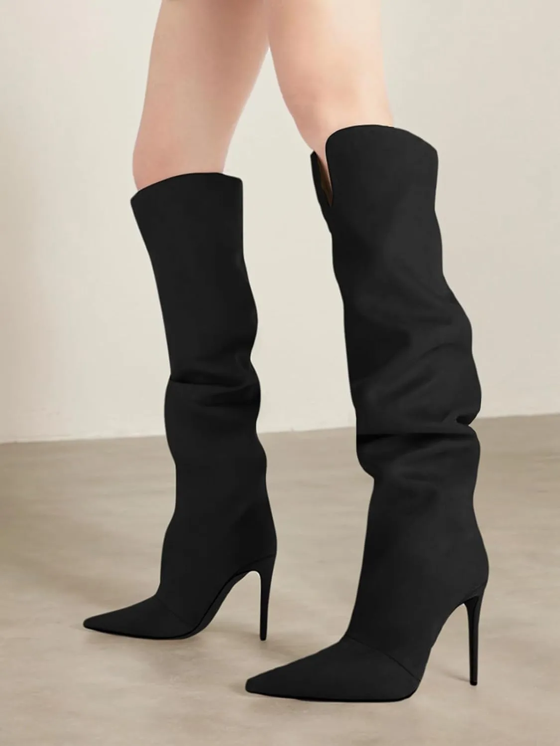 Coutgo Womens Slouchy Knee High Boots High Heel Pointed Toe Sexy Stiletto Pull on Tall Boots Winter Shoes