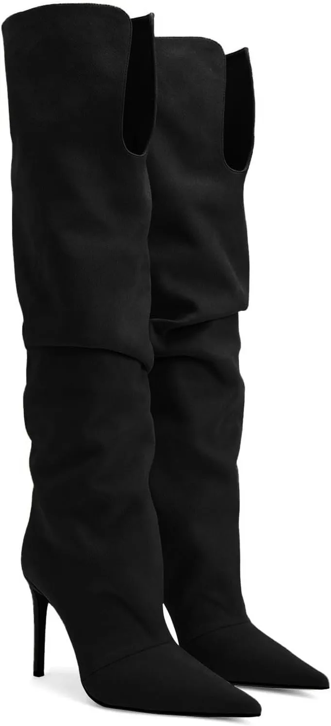 Coutgo Womens Slouchy Knee High Boots High Heel Pointed Toe Sexy Stiletto Pull on Tall Boots Winter Shoes