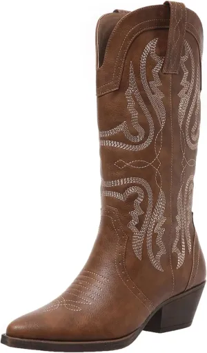 Cowboy Boots for Women Cowgirl Mid Calf Western Boots Embroidered Stitched Pointed Toe Chunky Block Heel Brown Red Black US5-11