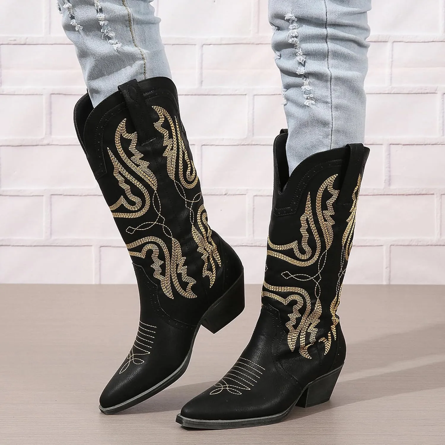 Cowboy Boots for Women Cowgirl Mid Calf Western Boots Embroidered Stitched Pointed Toe Chunky Block Heel Brown Red Black US5-11