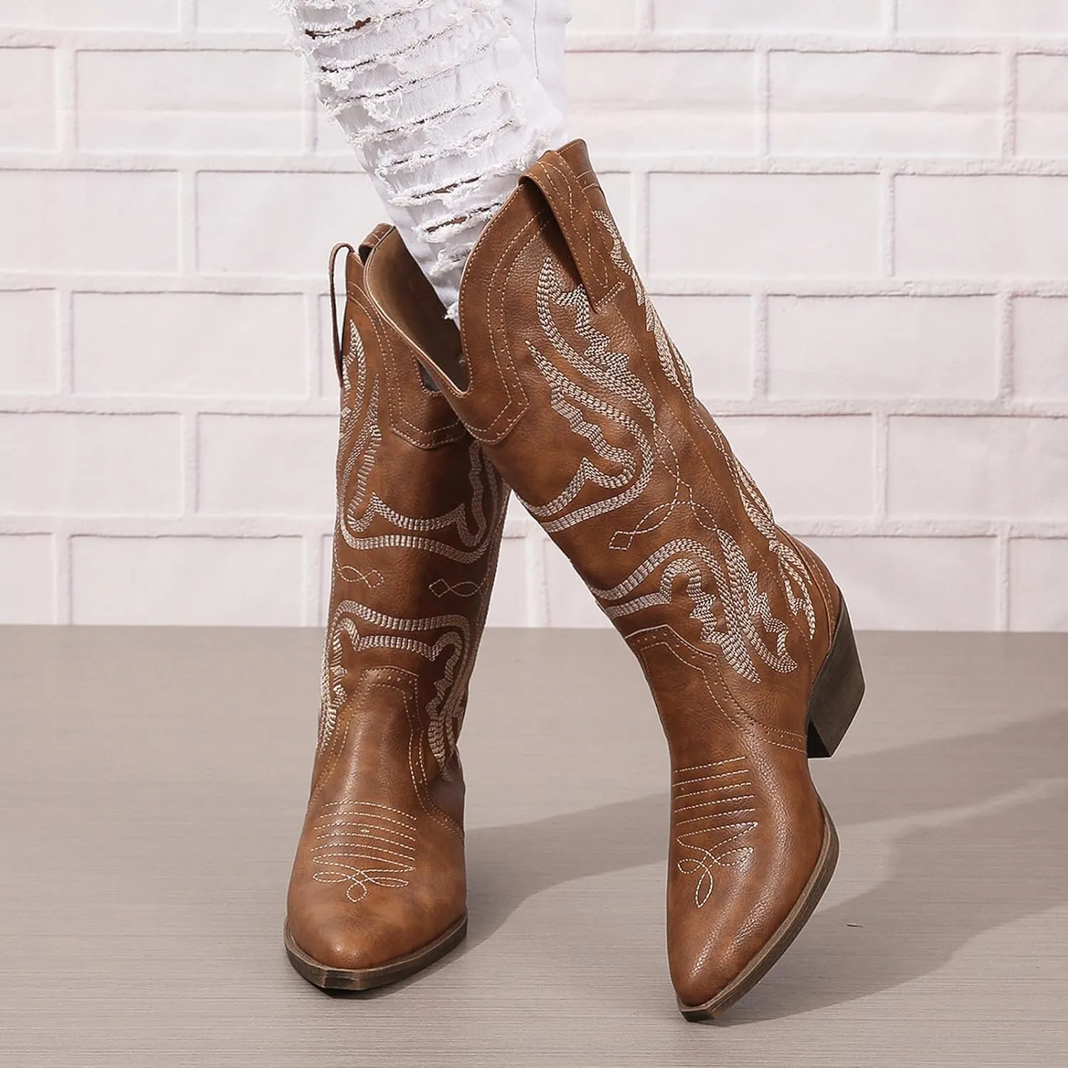 Cowboy Boots for Women Cowgirl Mid Calf Western Boots Embroidered Stitched Pointed Toe Chunky Block Heel Brown Red Black US5-11