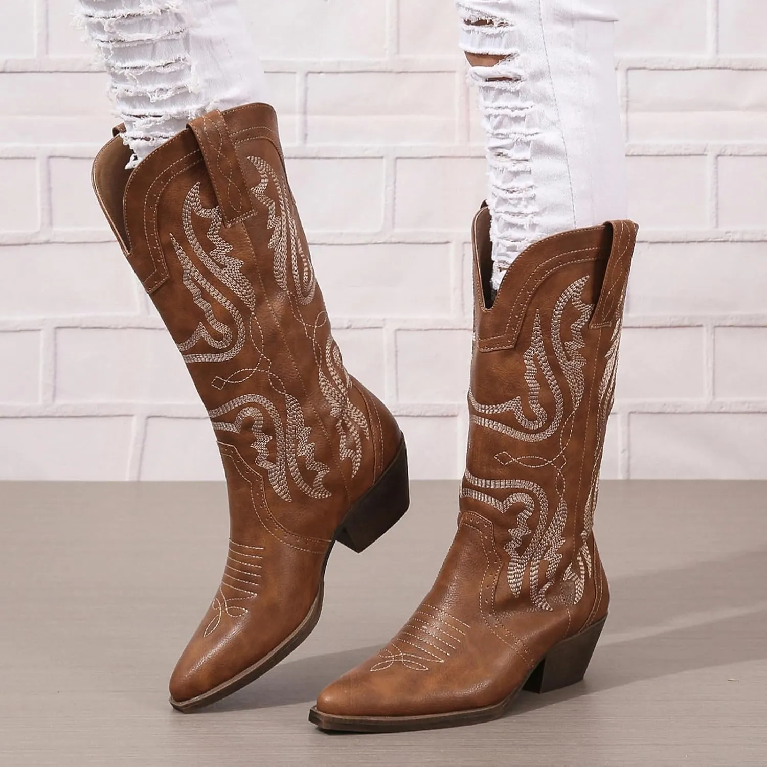 Cowboy Boots for Women Cowgirl Mid Calf Western Boots Embroidered Stitched Pointed Toe Chunky Block Heel Brown Red Black US5-11