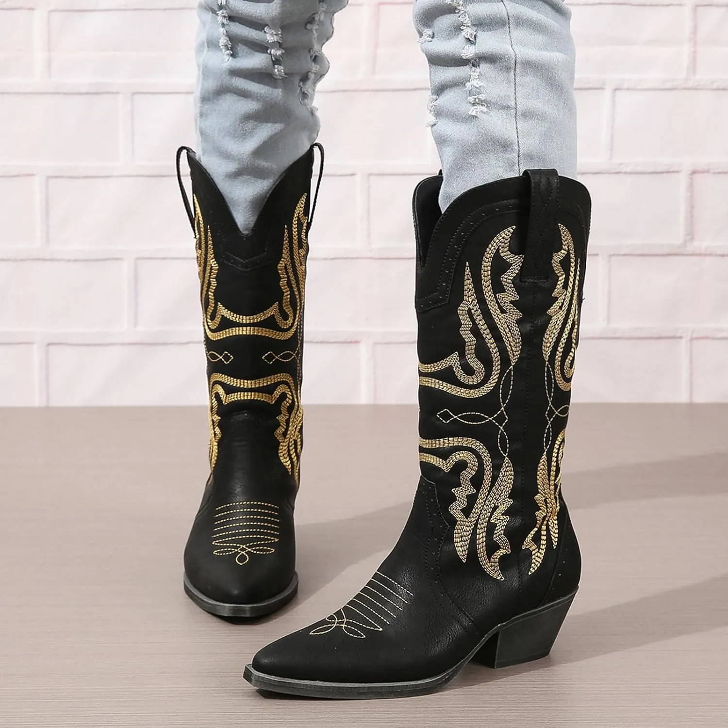 Cowboy Boots for Women Cowgirl Mid Calf Western Boots Embroidered Stitched Pointed Toe Chunky Block Heel Brown Red Black US5-11