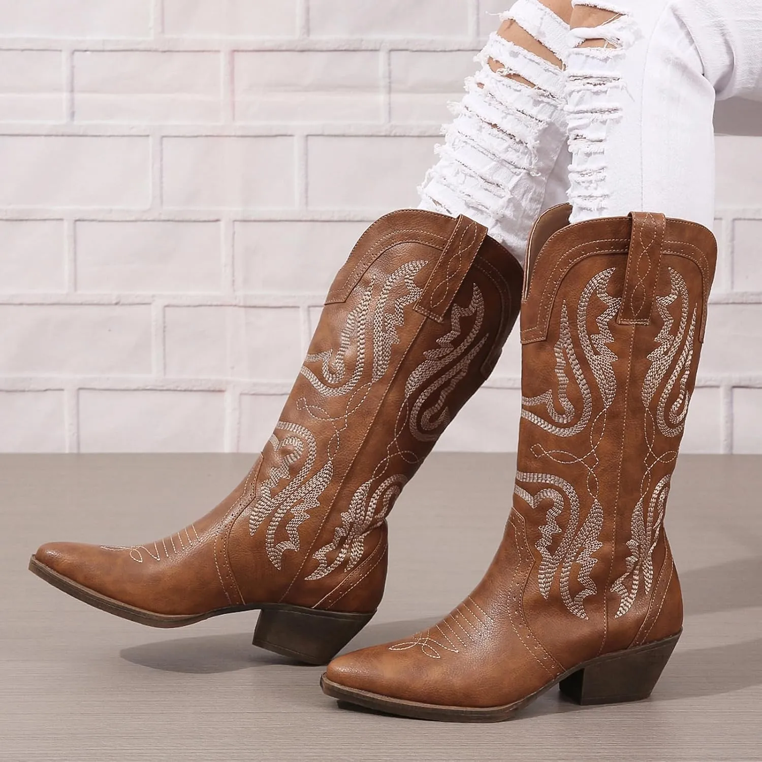 Cowboy Boots for Women Cowgirl Mid Calf Western Boots Embroidered Stitched Pointed Toe Chunky Block Heel Brown Red Black US5-11