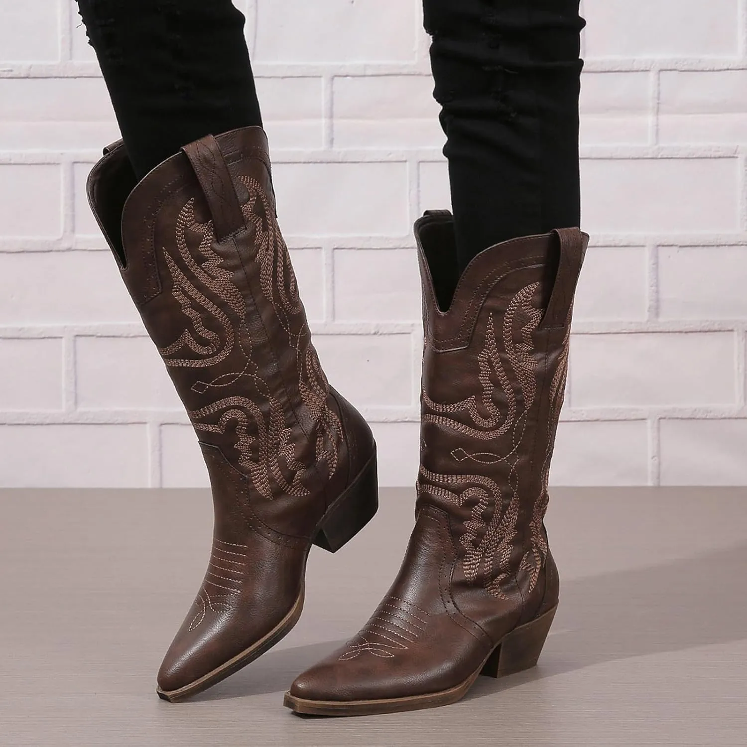 Cowboy Boots for Women Cowgirl Mid Calf Western Boots Embroidered Stitched Pointed Toe Chunky Block Heel Brown Red Black US5-11