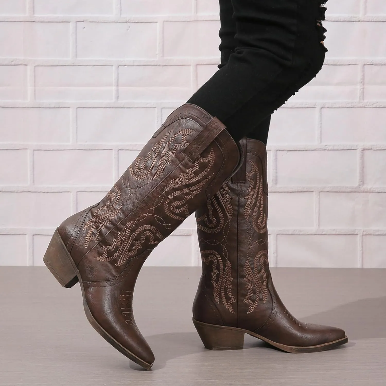 Cowboy Boots for Women Cowgirl Mid Calf Western Boots Embroidered Stitched Pointed Toe Chunky Block Heel Brown Red Black US5-11