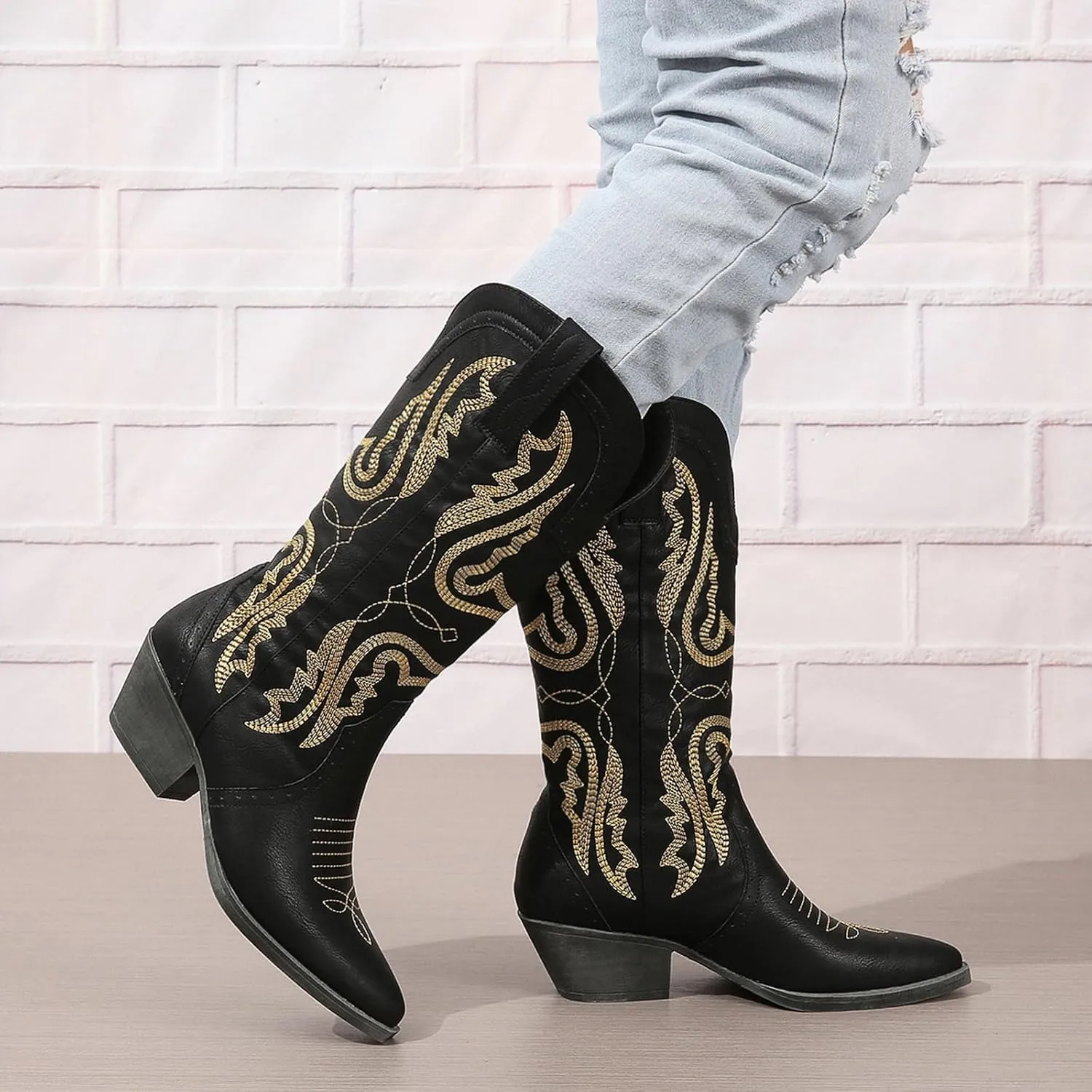 Cowboy Boots for Women Cowgirl Mid Calf Western Boots Embroidered Stitched Pointed Toe Chunky Block Heel Brown Red Black US5-11