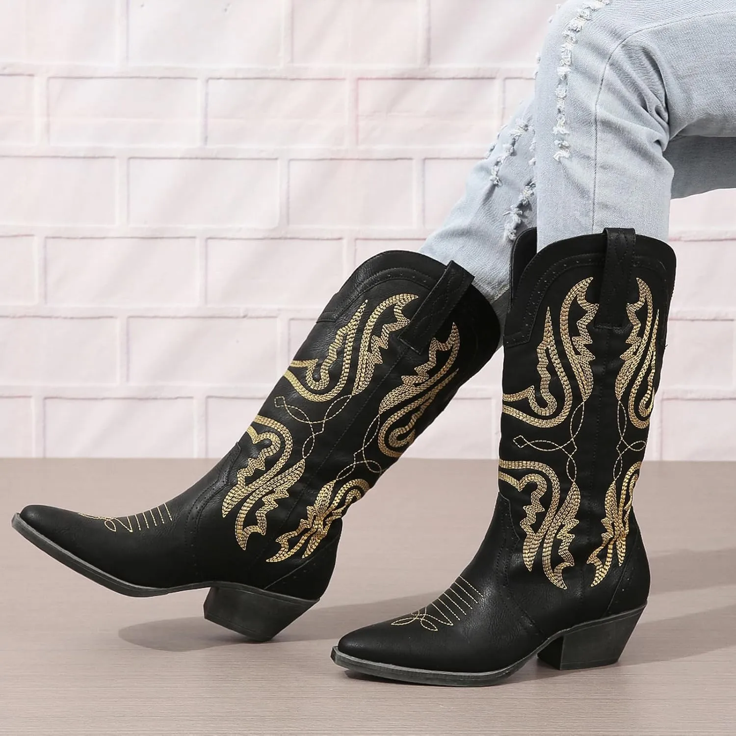 Cowboy Boots for Women Cowgirl Mid Calf Western Boots Embroidered Stitched Pointed Toe Chunky Block Heel Brown Red Black US5-11
