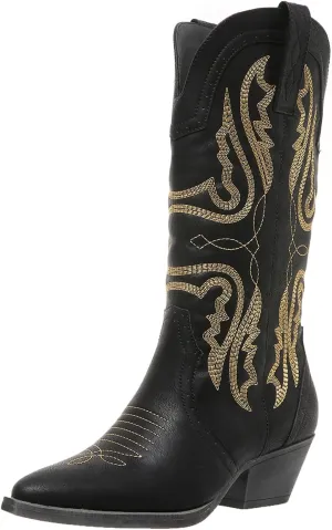 Cowboy Boots for Women Cowgirl Mid Calf Western Boots Embroidered Stitched Pointed Toe Chunky Block Heel Brown Red Black US5-11