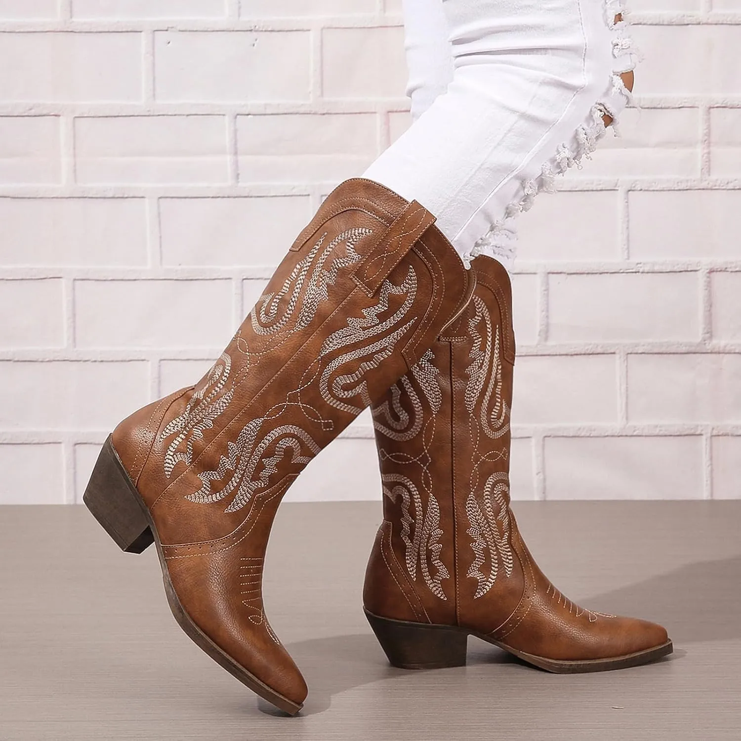 Cowboy Boots for Women Cowgirl Mid Calf Western Boots Embroidered Stitched Pointed Toe Chunky Block Heel Brown Red Black US5-11