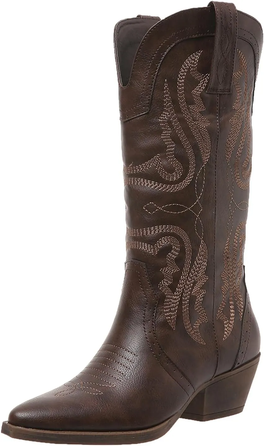 Cowboy Boots for Women Cowgirl Mid Calf Western Boots Embroidered Stitched Pointed Toe Chunky Block Heel Brown Red Black US5-11
