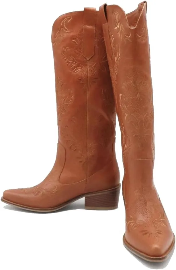 Cowboy Boots for Women,Western Pointed Toe Chunky Heel Pull-On Knee High Cowgirl Boots Fashion Embroidered Tall