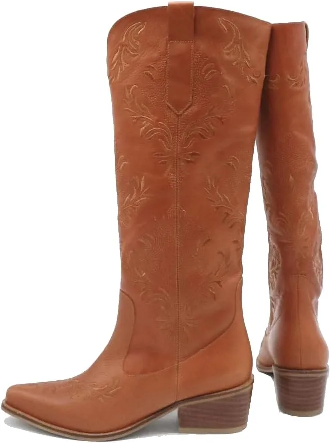 Cowboy Boots for Women,Western Pointed Toe Chunky Heel Pull-On Knee High Cowgirl Boots Fashion Embroidered Tall
