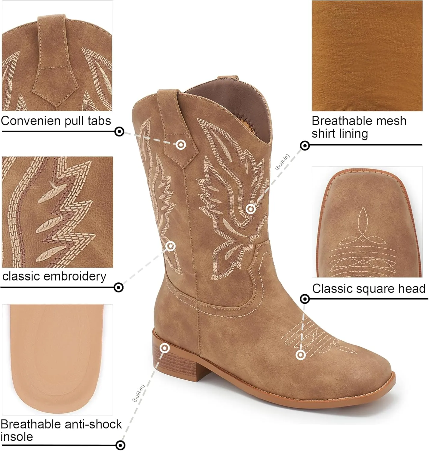Cowgirl Boots Square Toe Cowboy Boots For Women Ladies Mid Calf Low Heel Flat