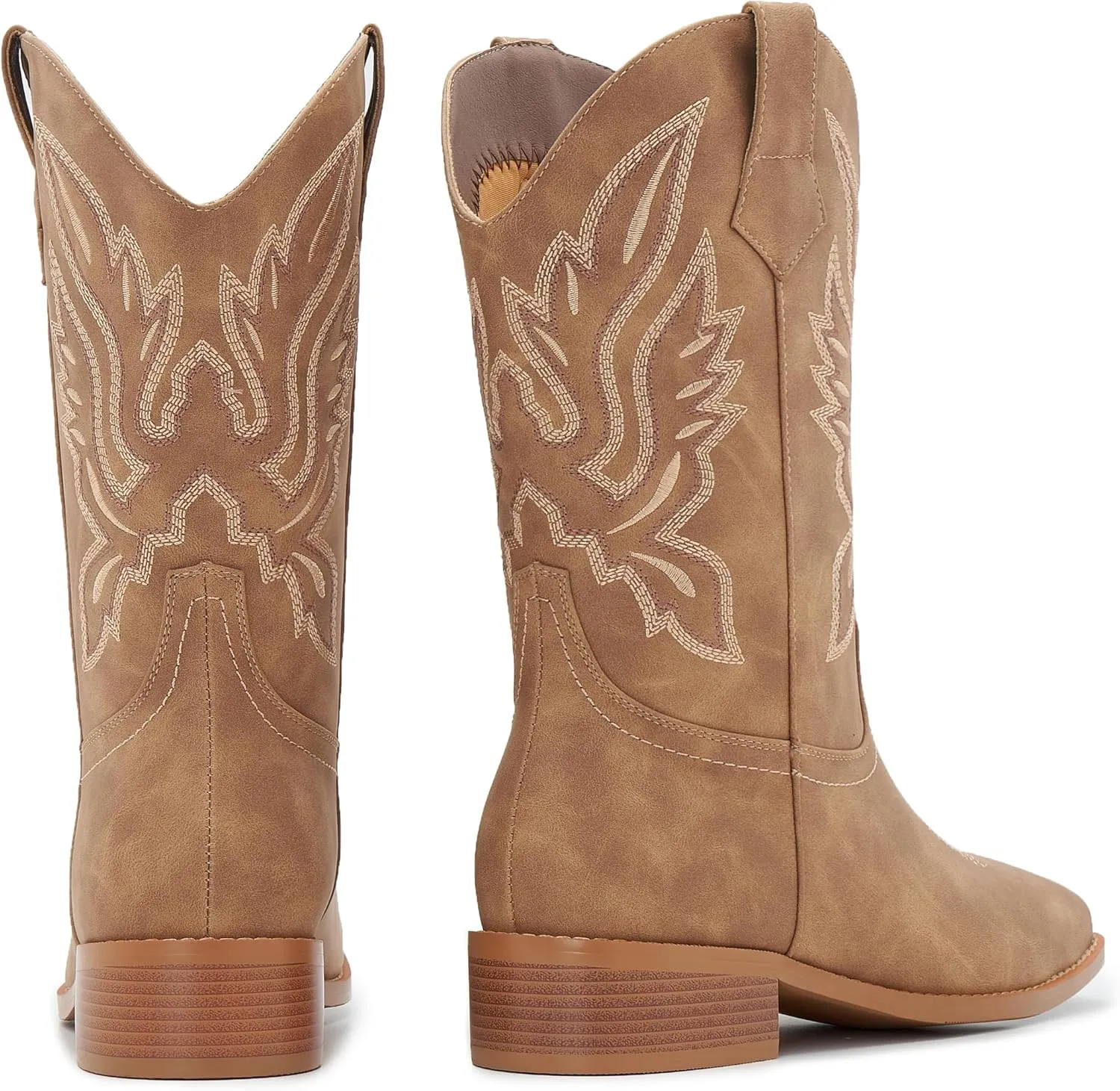 Cowgirl Boots Square Toe Cowboy Boots For Women Ladies Mid Calf Low Heel Flat