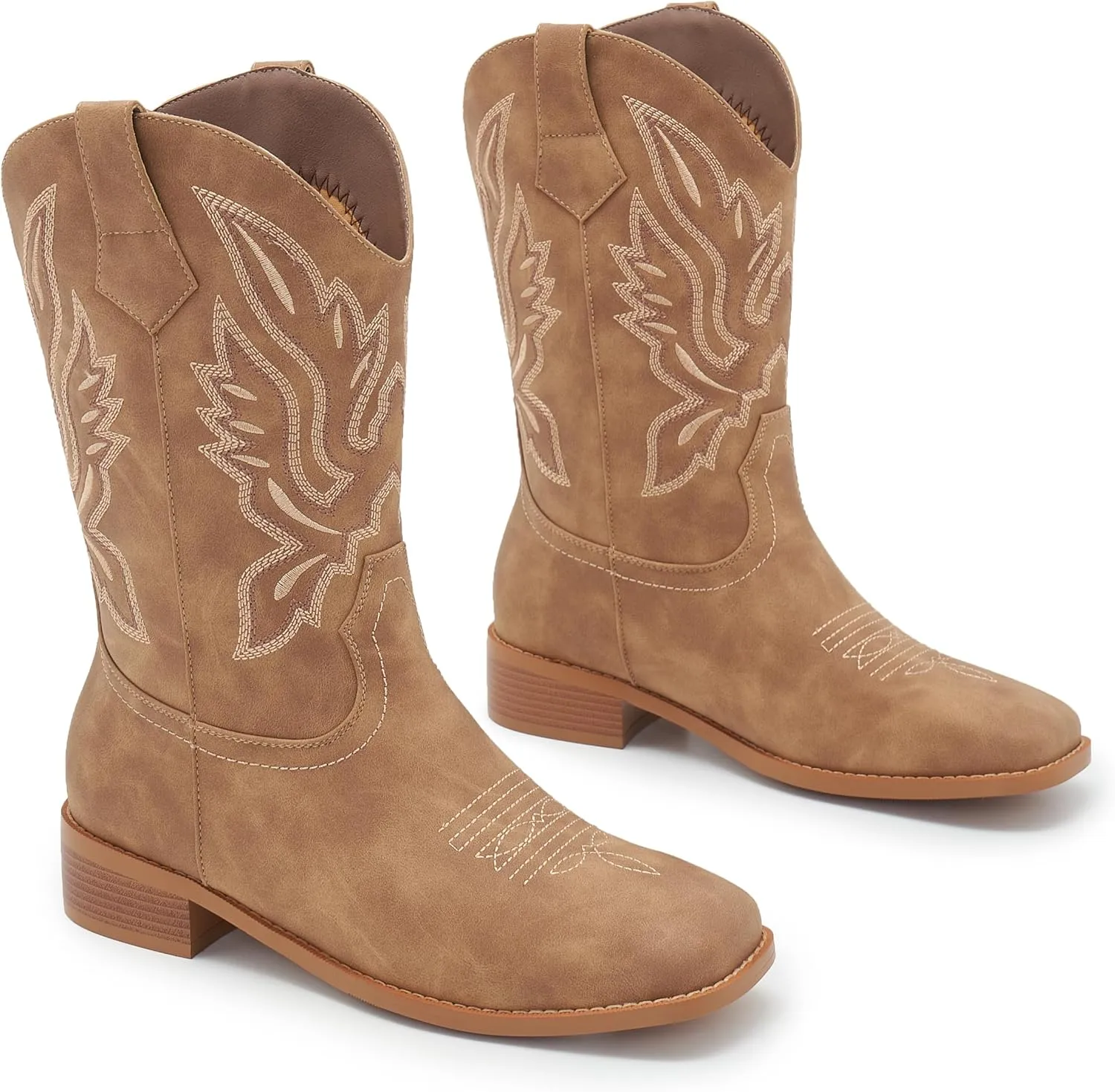 Cowgirl Boots Square Toe Cowboy Boots For Women Ladies Mid Calf Low Heel Flat