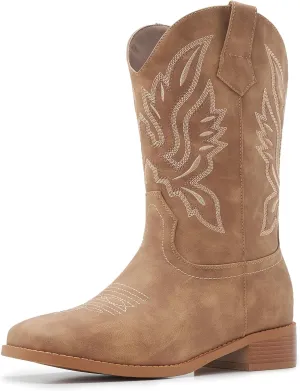 Cowgirl Boots Square Toe Cowboy Boots For Women Ladies Mid Calf Low Heel Flat