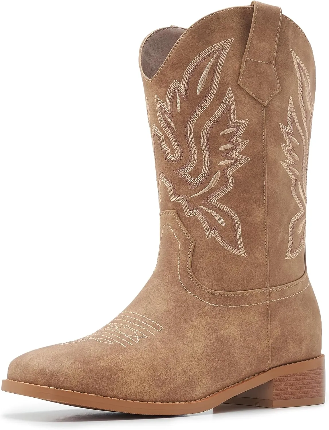Cowgirl Boots Square Toe Cowboy Boots For Women Ladies Mid Calf Low Heel Flat