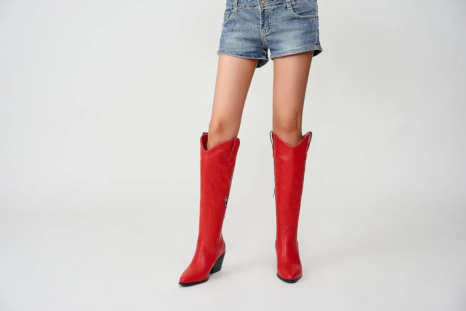 Cowgirl Boots Wide Calf Cowboy Boots Women Western Style Embroidered with Pointed Toe Chunky Heel Fashion Retro High Boot and Side Zipper Pull-On